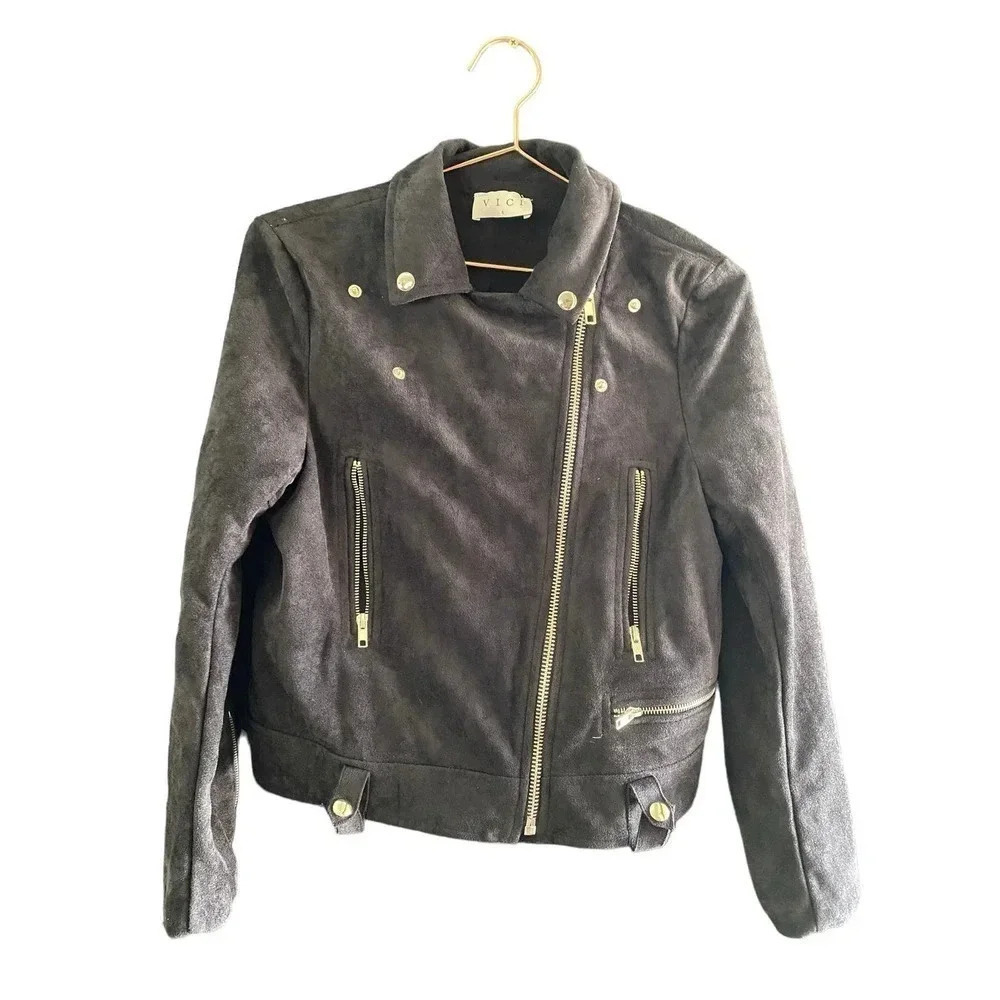 Vici Women's black Suede Leather Long Sleeve Zipper Pocket Biker Jacket Size S